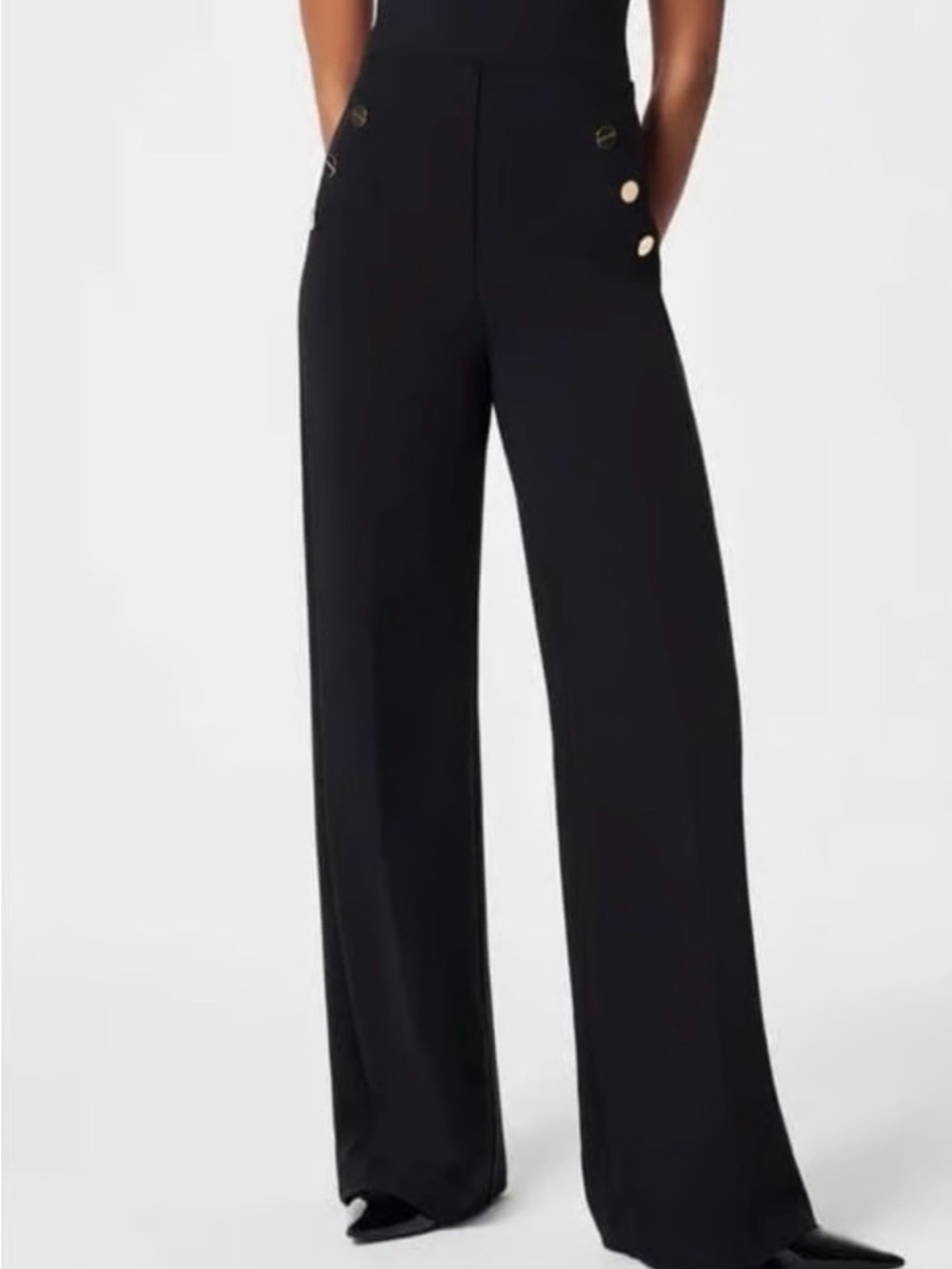 SPANX Black Wide-Leg High-Rise Pants with Gold Accent Buttons